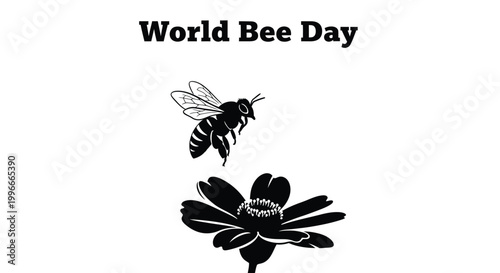Flat black and white vector illustration of a honey bee hovering over a blooming flower design