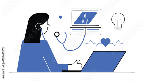 Female Doctor Providing Telemedicine Services with Digital Health Monitoring Icons and Laptop abstract concept vector illustrations, black and blue vector art