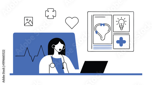 Female Doctor Providing Telemedicine Services with Digital Health Monitoring Icons and Laptop abstract concept vector illustrations, black and blue vector art