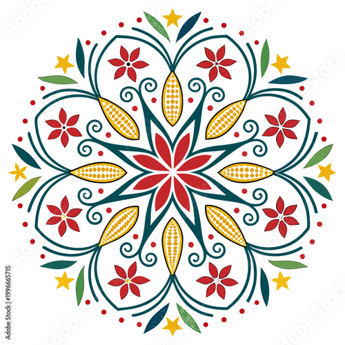 Floral mandala with corn cobs and star ornaments.