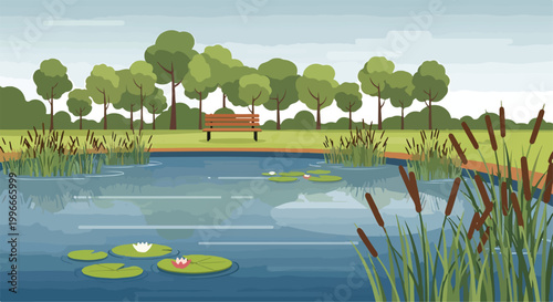 Photos A serene pond with lily pads and a bench