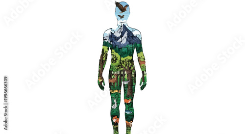 Human silhouette filled with vibrant, diverse natural landscapes and wildlife, symbolizing harmony with nature.