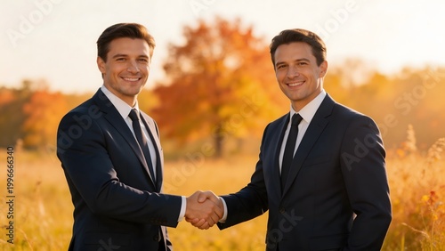 Two men in suits shaking hands outdoors