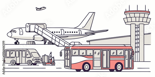 Foto a red bus and vehicles at an airport terminal Vector