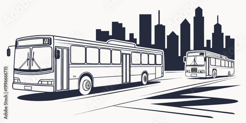 two buses driving down a city street Vector
