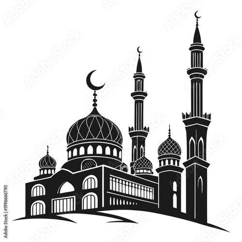 Foto a black silhouette of a mosque with minarets and a dome Vector