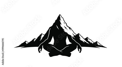 Silhouette of a person meditating with mountains in the background, symbolizing inner peace and nature connection.