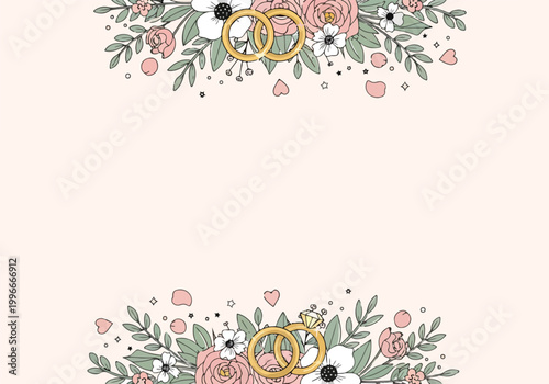 A pink background with floral borders and wedding rings