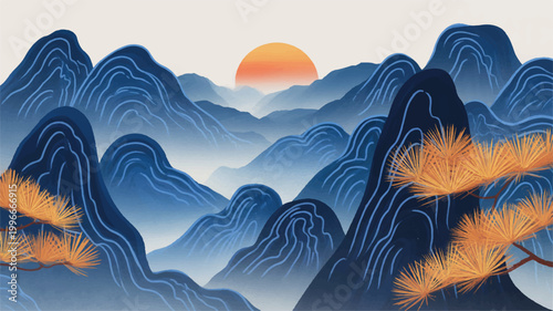 Chinese style illustration of mountains and trees at sunrise or sunset