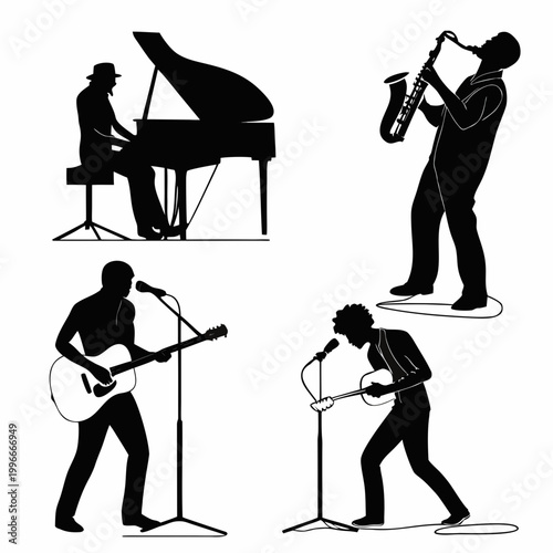 silhouettes of musicians playing different instruments Vector
