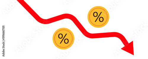 Red decrease arrow and percentage coins. Economy business crisis recession concept.	
