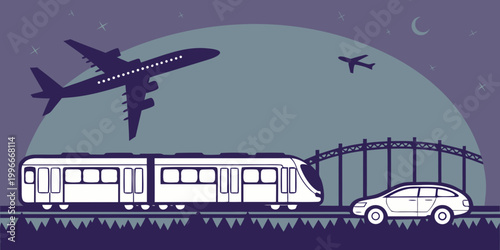 Schilderij op canvas a train, car and planes in transportation scene at night Vector