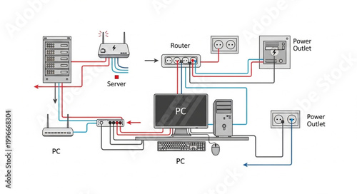 Computer network diagram illustrating server and PC connection to power outlets.