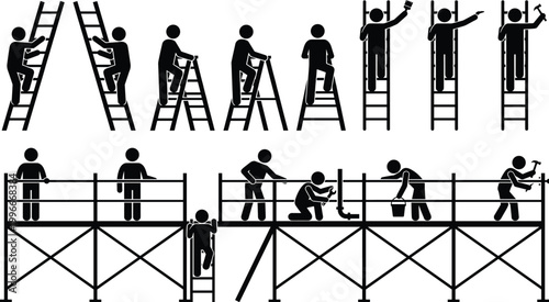 Construction Workers Stick Figure Icon Set with Ladders Scaffolding Repairing Painting Hammering and Industrial Building Site Laborers Professional Vector Illustration