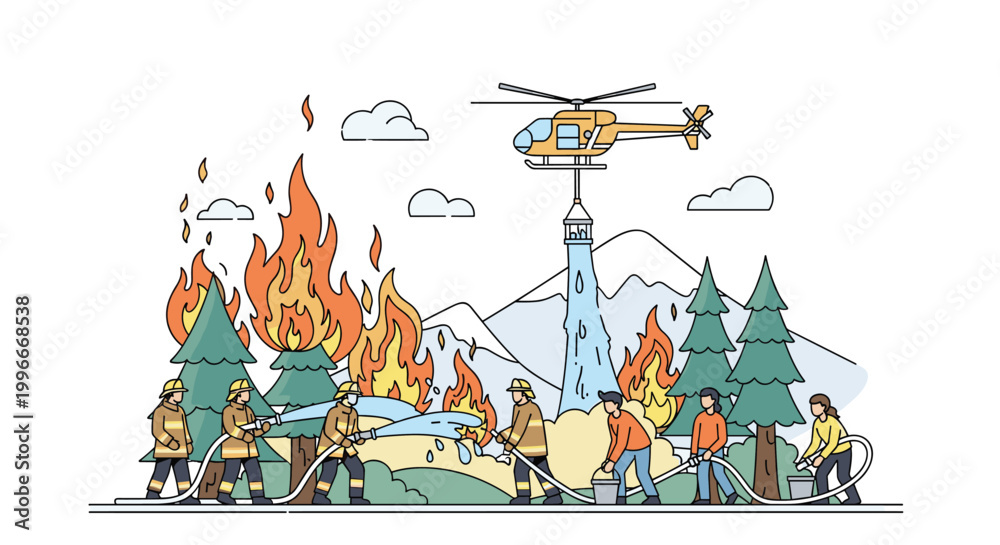 Naklejka premium Team of firefighters using hoses and an aerial water drop from a helicopter to extinguish a large forest wildfire.