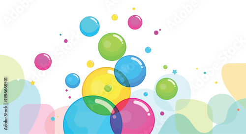 Фотография Colorful bubbles float amidst smaller orbs and stars