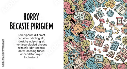 Whimsical doodle art illustration of a man carrying a pot featuring colorful swirls and hand-drawn objects in a playful composition