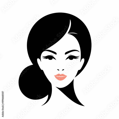 Stylized Woman's Face with Black Hair and Pink Lips