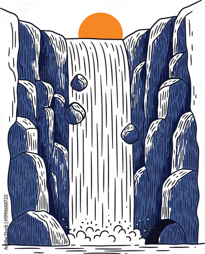 Stylized hand drawn illustration of a waterfall with a sun.