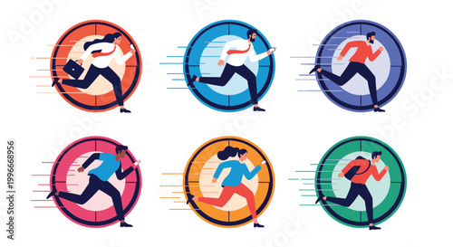 Collection of six diverse business professionals running fast inside circular target shapes representing career goals and success.