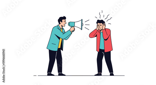 Angry man in a blue jacket shouting through a megaphone at a stressed man covering his ears representing verbal aggression and conflict.