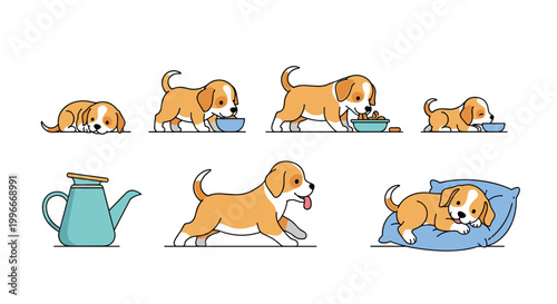 Collection of cute beagle puppy illustrations showing different activities like eating, running, and sleeping peacefully on a pillow.
