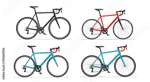 Set of four modern road bicycles in various colors like black, red, and blue designed for high speed racing and professional cycling.
