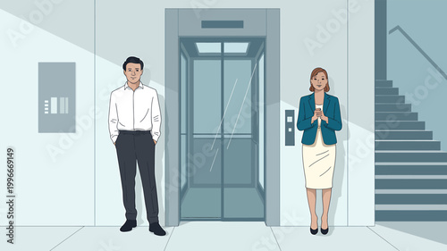 Business people waiting for elevator and stairs in building hallway