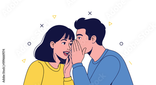 Young man whispering a secret or a funny story into the ear of a smiling woman in a casual setting with abstract background elements.