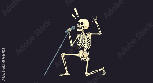 Funny skeleton character kneeling and singing passionately into a microphone while performing a rock song on a dark night background.