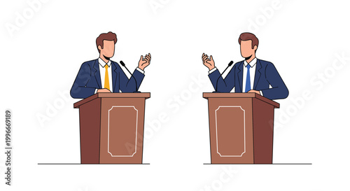 Two professional men in suits standing behind podiums while participating in a formal political debate or public speaking event.
