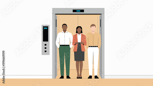 Diverse business people 3 standing inside an open office elevator flat vector illustration