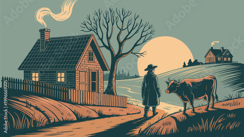 Farmer with Cow by Cottage and Sun on Hillside with old fashioned for path and dirt road