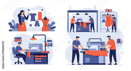 Professional tailors and seamstresses working diligently in a garment workshop using industrial sewing machines to create high-quality clothing.