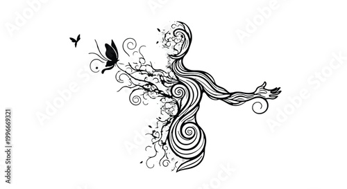 Abstract human form blooming with nature and releasing a butterfly, symbolizing freedom and growth.