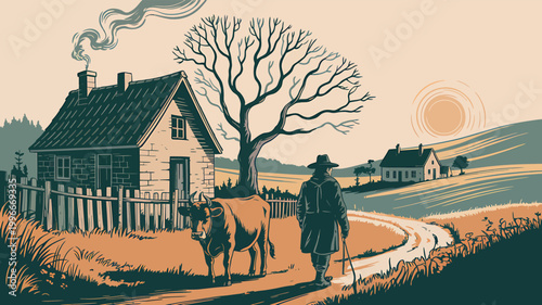 Farmer with cow walks past rustic house and farm at sunset, vector illustration with path