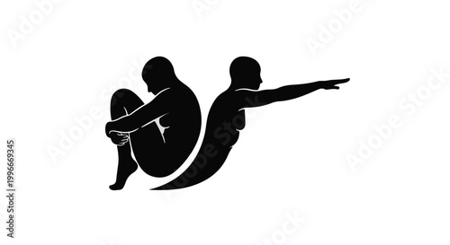 Silhouette of two figures, one curled inward and the other reaching outward, symbolizing growth and transformation.