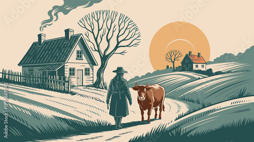 Farmer walking with cow on rural path past farmhouse and fields with countryside landscape