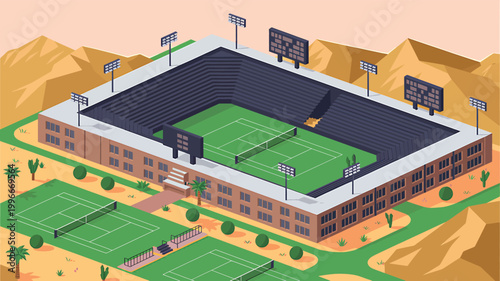 Large desert tennis stadium with 2 additional outdoor courts in mountain landscape
