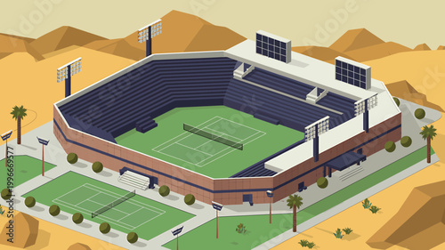 Isometric tennis stadium with 2 courts in desert, solar panels and floodlights with palm