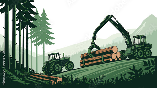 Logging machinery operating in a forest with stacked logs with forest landscape, cut