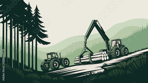 Logging scene with 2 tractors loading timber in a forest with hills with heavy equipment