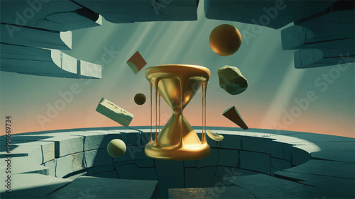 gold hourglass with floating objects in a surreal stone landscape with rays of light