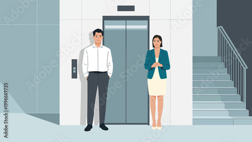 Man and woman stand near elevator in modern building with stairs with lobby