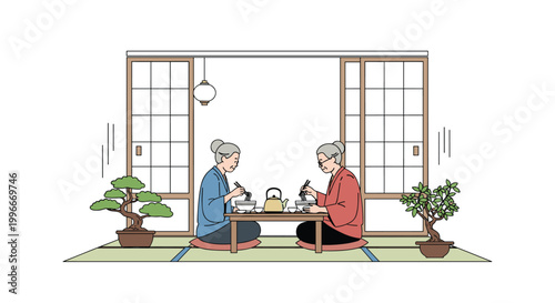 Two senior women enjoying a traditional meal together while sitting on floor cushions in a peaceful Japanese style room with sliding doors.