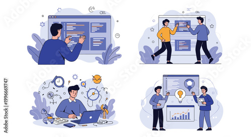 Diverse scenes of professional software developers and programmers working on code and data analysis across multiple computer interfaces.