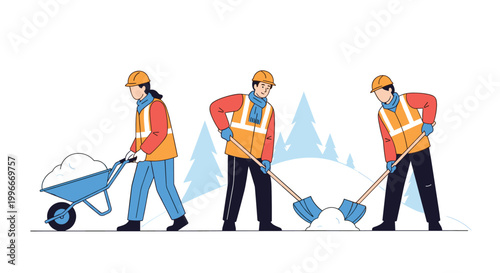 Team of outdoor maintenance workers in high visibility vests and safety helmets shoveling snow into a wheelbarrow in winter.