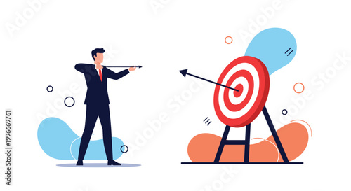 Determined businessman in a suit aiming a bow and arrow at a large bullseye target to represent business goals and strategy.