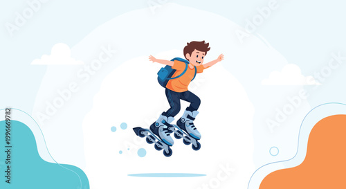 Active young boy wearing a backpack and jumping while rollerblading with joy against a bright circular abstract background.