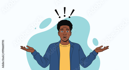 Young man with a surprised facial expression shrugging his shoulders and raising his hands in a gesture of confusion or doubt.